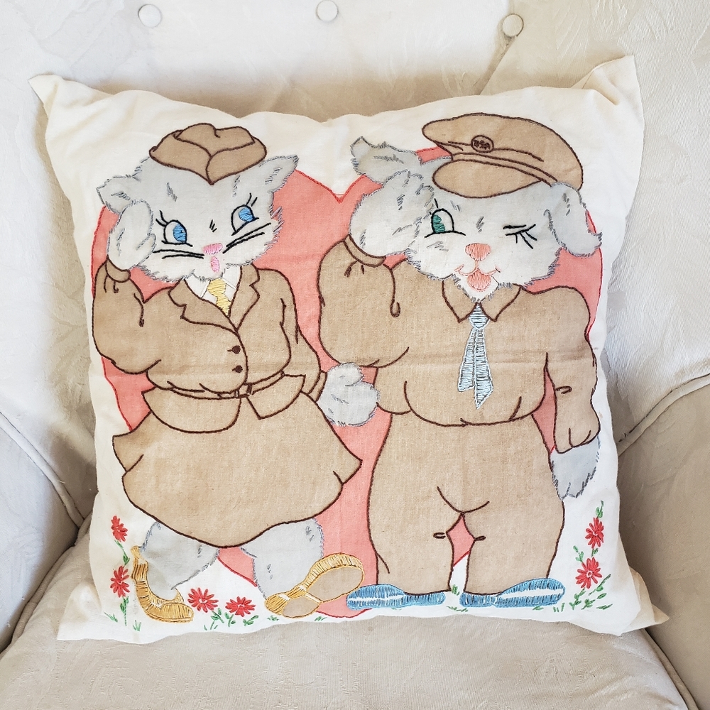 Vintage Throw Pillow WWII Soldiers Hand Embroidered Decorative Twill  USA
